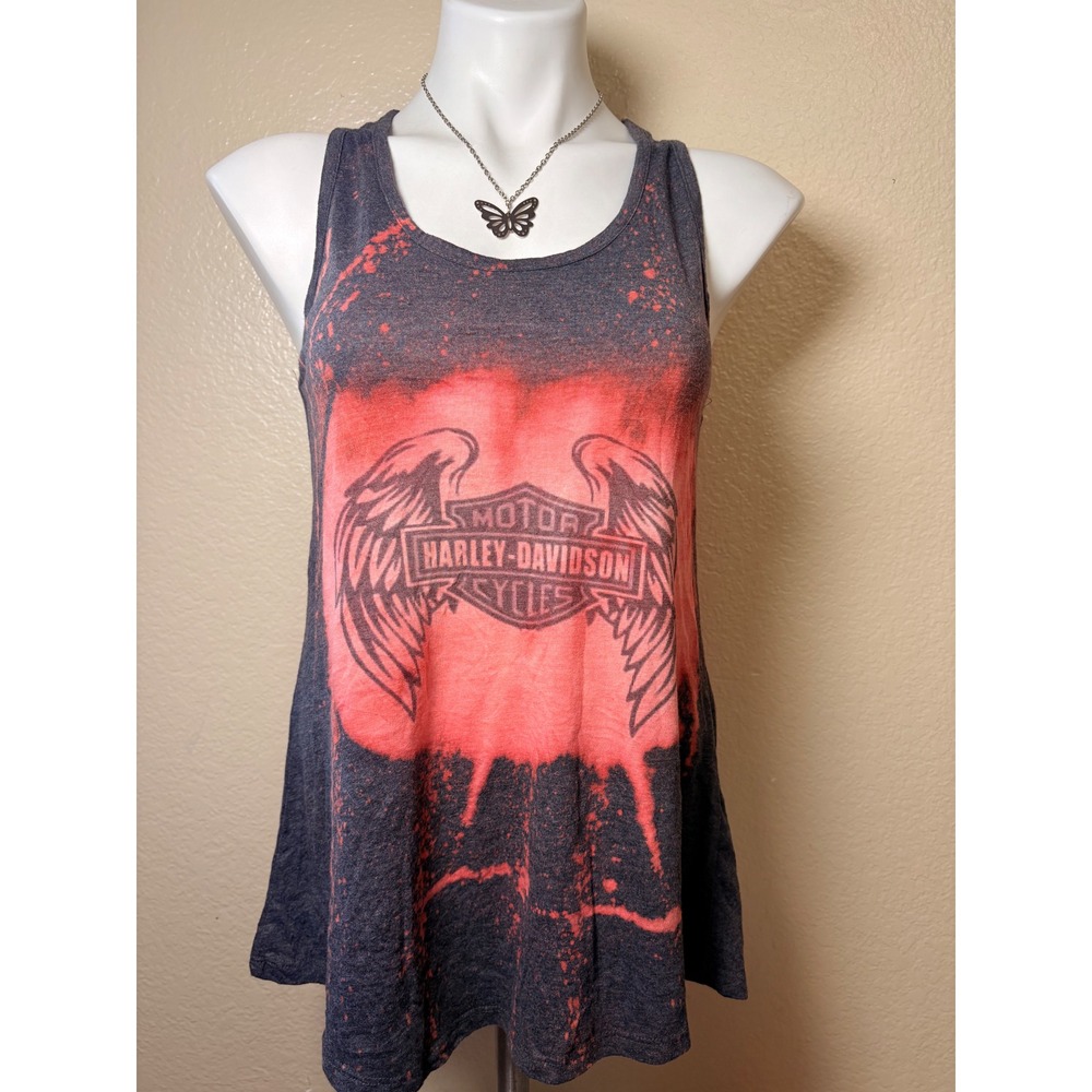 Harley-Davidson Bleached Graphic Tank Top Wings Logo Grey Orange Womens Small #7